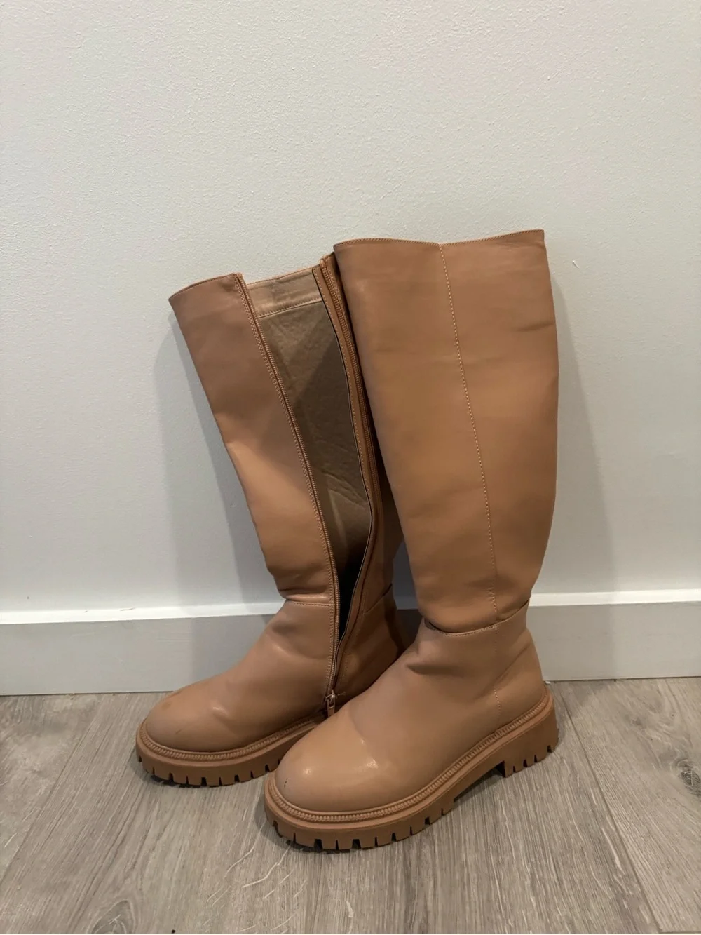 ASOS London Rebel Tan Chunky Lug Sole Knee High Boots Size 8